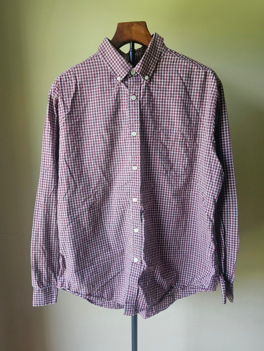Merona Burgundy Check Long-Sleeve Button-Down Shirt Size Large